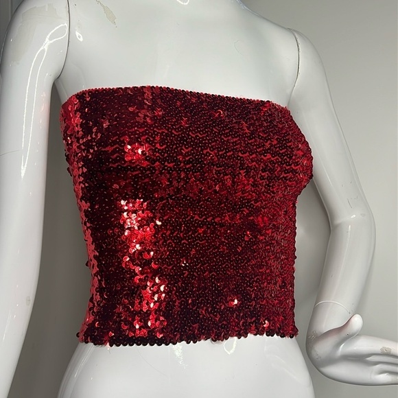 Red Sequin Sz Small Strapless Elastic Tube Top - Picture 1 of 4